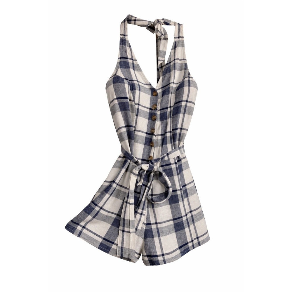 AE Halter Romper M NWT $60 Navy Plaid Button Front Tie Waist